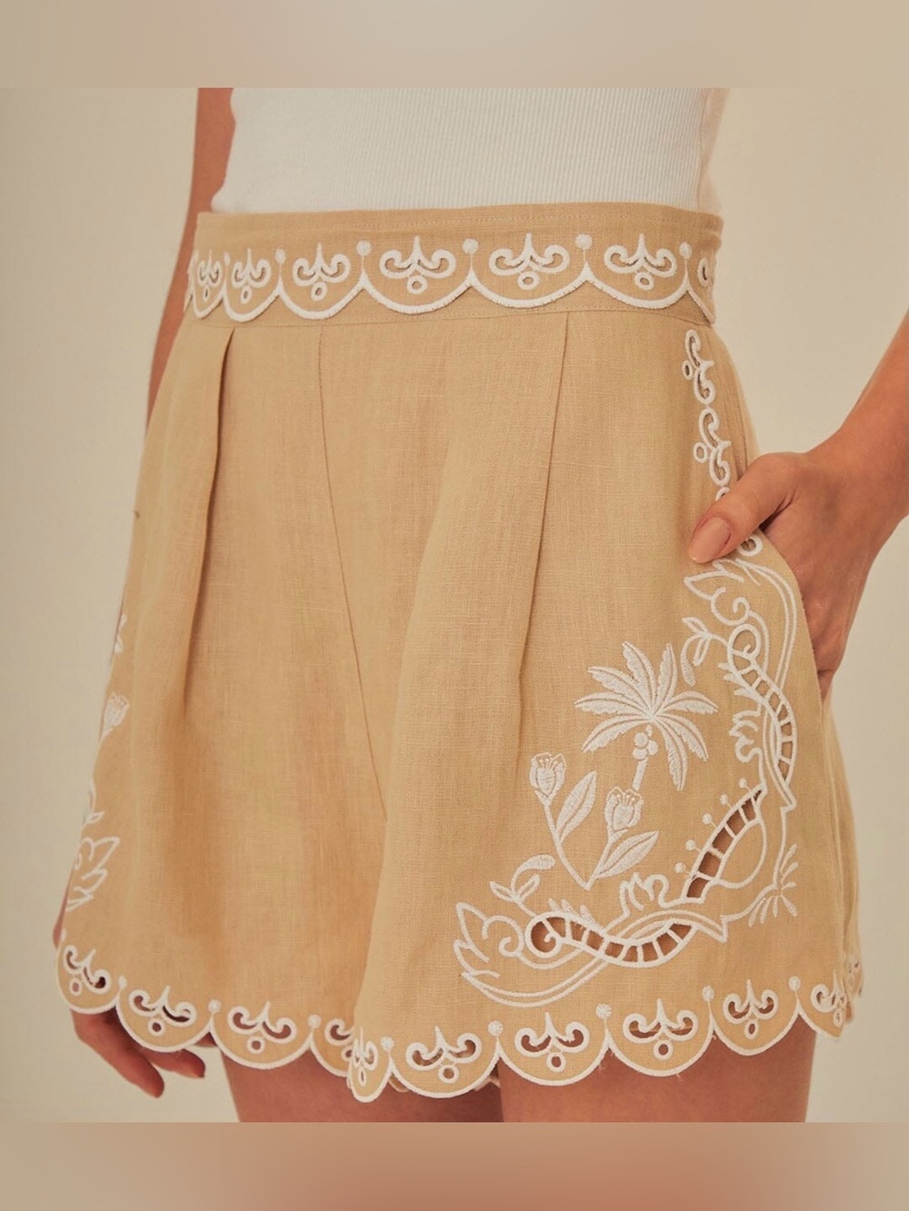 Farm Rio Khaki Embroidered Shorts Size:Small